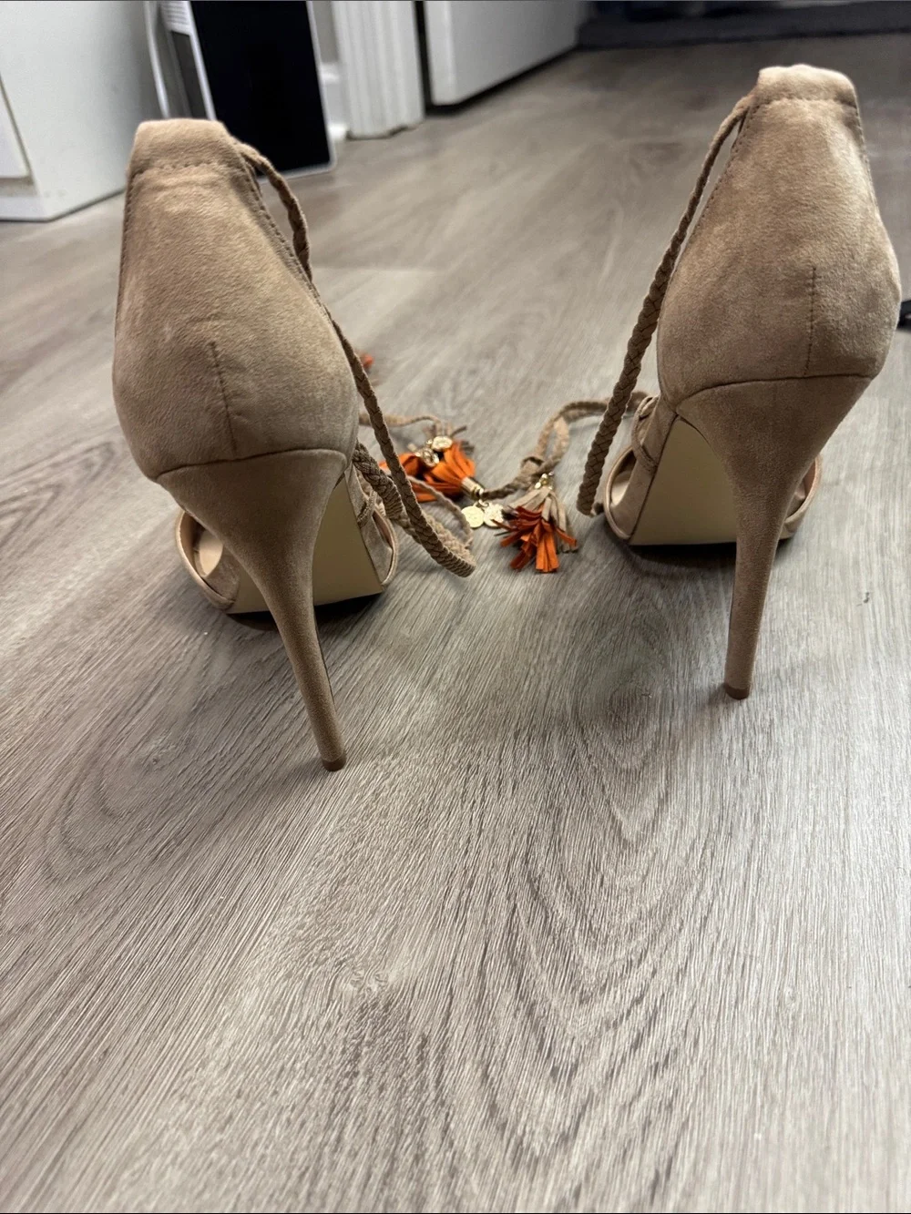 Shoe Dazzle Taupe Suede Braided Lace-Up High Heel Sandals with Orange Tassels